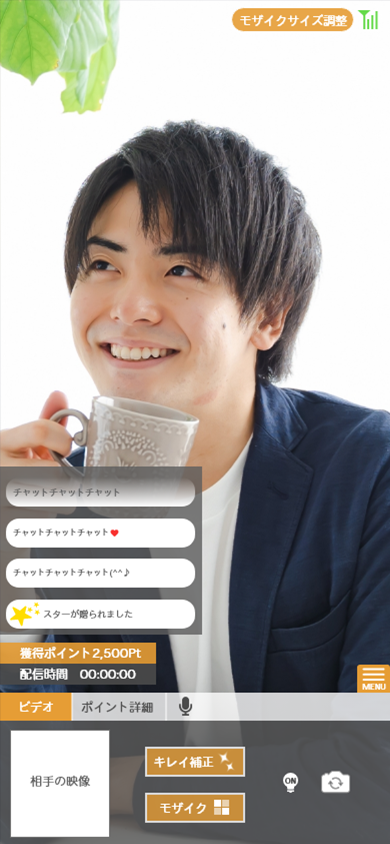 2ショットライブが始まると、このような画面になります。ビデオタブで「キレイ補正」や「モザイク設定」、画面切替えができます。（フラッシュは外側カメラの場合のみ表示されます。）2人だけの素敵な空間をお楽しみ頂けます♪