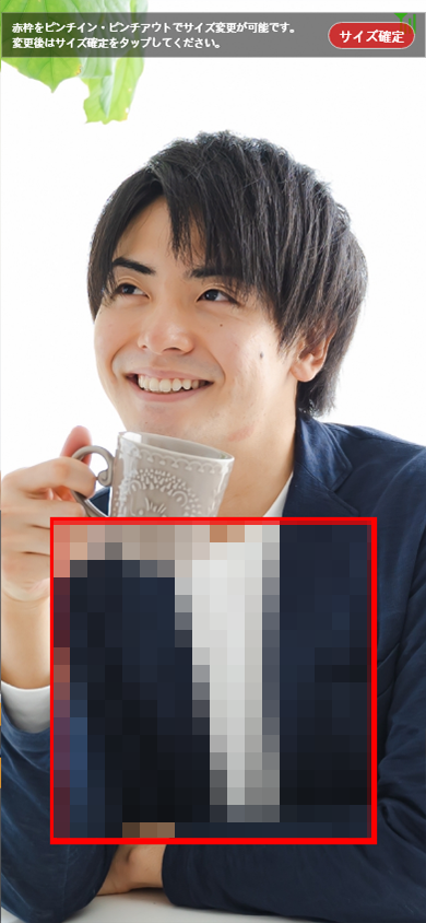 モザイク中は、右上の「モザイクサイズ調整」でモザイクをかける位置やモザイクの範囲の変更ができます。