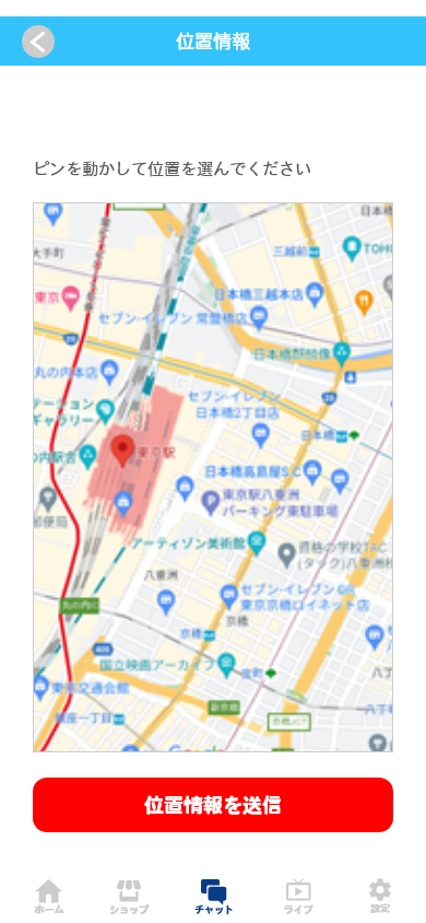待ち合わせなどに便利な、位置情報を送ることもできます！位置情報アイコンをタップして、ピンを動かすと位置情報を送ることができます。
